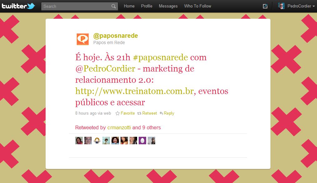 tweet-divulgando-participacao-de-pedro-cordier-falando-sobre-marketing-de-relacionamento-2-0-no-evento-papos-na-rede